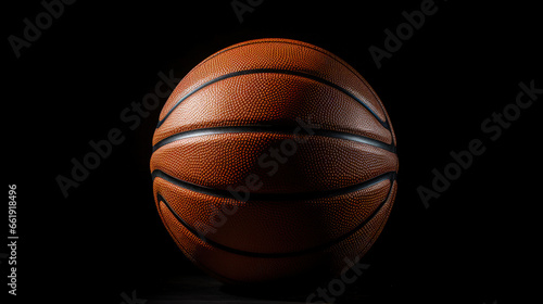 An artistic and minimalistic image featuring a dark basketball set against a solid black background, creating a sense of stark contrast and simplicity. © Bela