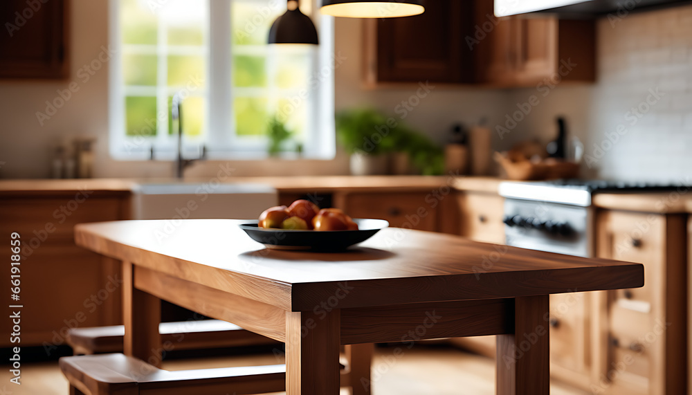 Wooden table against a blurred background of a kitchen bench. Wooden table empty with a blurry kitchen background