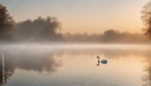  A serene, mist-covered lake at dawn, with a solitary swan gliding gracefully on the calm waters, evoking the tranquility of nature.