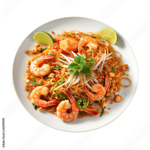 A Plate of Spicy Pad Thai Noodles with Shrimp Isolated on a Transparent Background