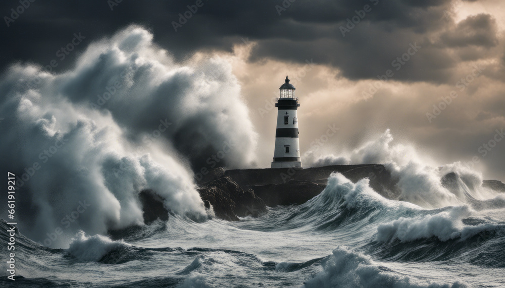  A dramatic, stormy seascape with crashing waves, as a lighthouse stands tall against the elements, symbolizing strength and resilience.