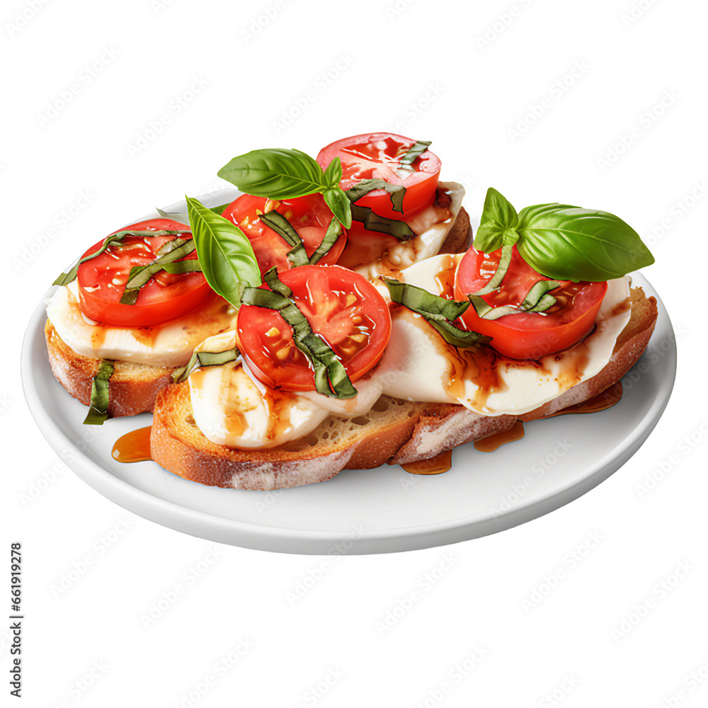 Caprese Bruschetta with Tomato, Mozzarella, and Basil on a Plate Isolated on a Transparent Background