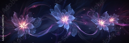 Neon banner Fantasy cosmic flowers on dark background, illustration of magic pieces of land with unreal beautiful abstract plant flora.