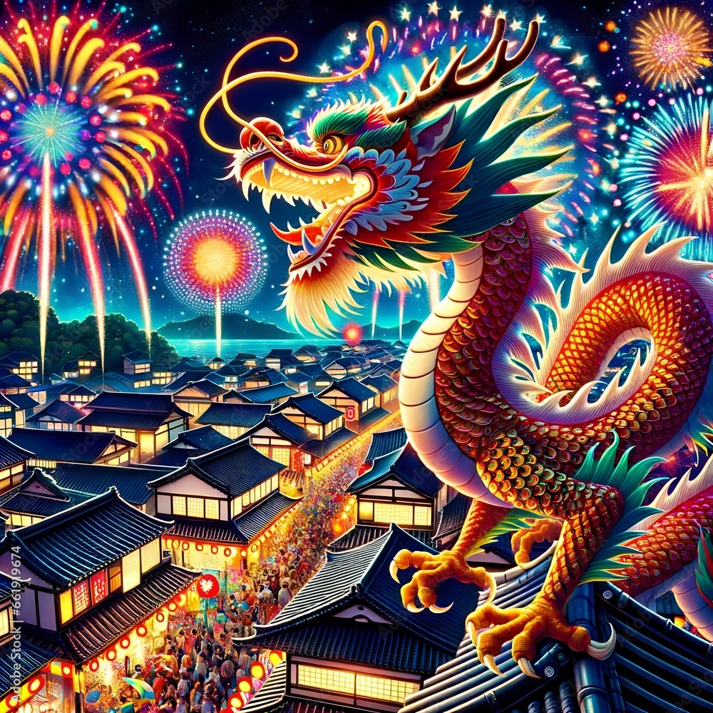 Fototapeta premium a vibrant dragon dancing amidst fireworks in a festive night sky