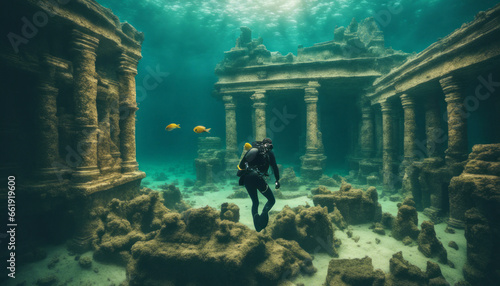  A surreal underwater world where a scuba diver explores an ancient, submerged city with sunken ruins, showcasing the mystery and allure of forgotten civilizations.
