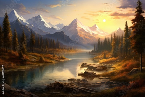 A breathtaking ultra-realistic landscape showcases towering mountains, a pristine lake, and lush pine forests under the golden hues of a setting sun, casting long shadows. © Kanisorn