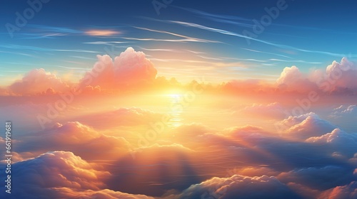 Beautiful aerial view over the clouds in the sky at sunset. AI generated image © prastiwi