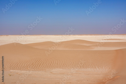 Small golden desert dunes with undulating sand and a limestone expanse on the horizon. Oman.