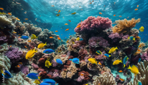  A vibrant underwater coral reef teeming with colorful fish, swaying anemones, and crystal-clear waters, offering a glimpse into the mesmerizing world beneath the sea.