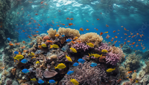  A vibrant underwater coral reef teeming with colorful fish  swaying anemones  and crystal-clear waters  offering a glimpse into the mesmerizing world beneath the sea.