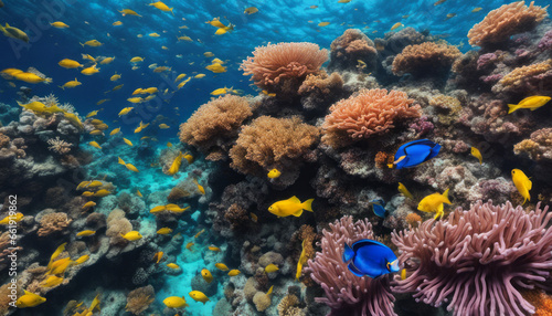  A vibrant underwater coral reef teeming with colorful fish  swaying anemones  and crystal-clear waters  offering a glimpse into the mesmerizing world beneath the sea.