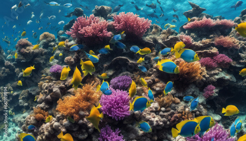  A vibrant underwater coral reef teeming with colorful fish, swaying anemones, and crystal-clear waters, offering a glimpse into the mesmerizing world beneath the sea. © Max