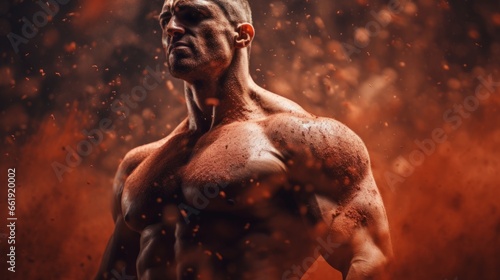 Male bodybuilder on anabolic steroids covered in red dust