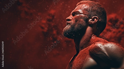 Male bodybuilder on anabolic steroids covered in red dust