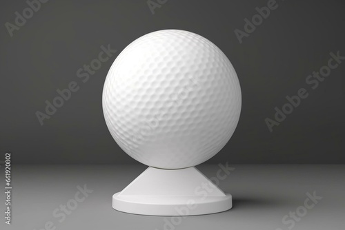 Blank white golf ball on stand, isolated, front view, 3D rendering. Empty sport plastic round ball template. Generative AI