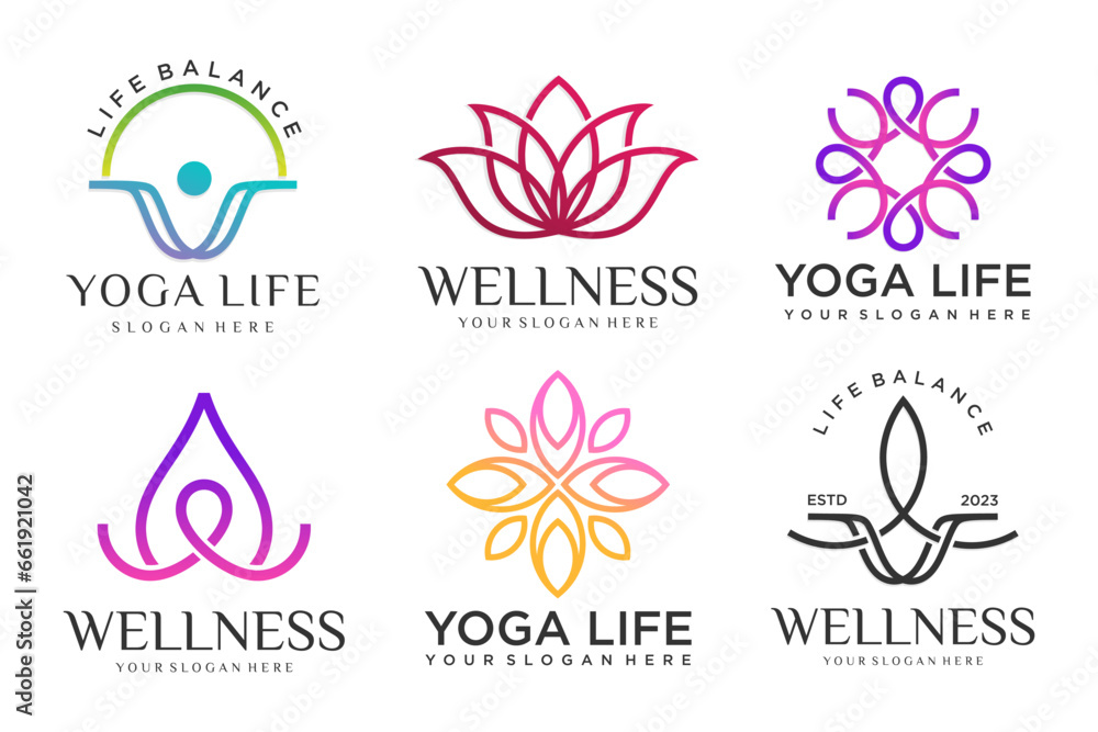 Collection of Yoga,Zen and Meditation logos,linear icons and elements.style minimalist.Vector design