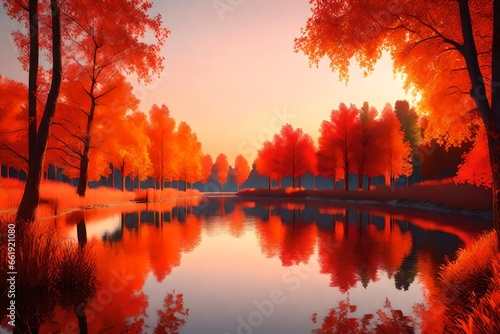 Fiery Autumn Sunset Reflection on Lake © Areesha
