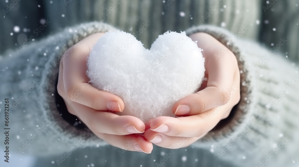 Delicate hands hold a heart-shaped snow creation, portraying winter's tenderness and romantic vibes, perfect for Valentine's Day.