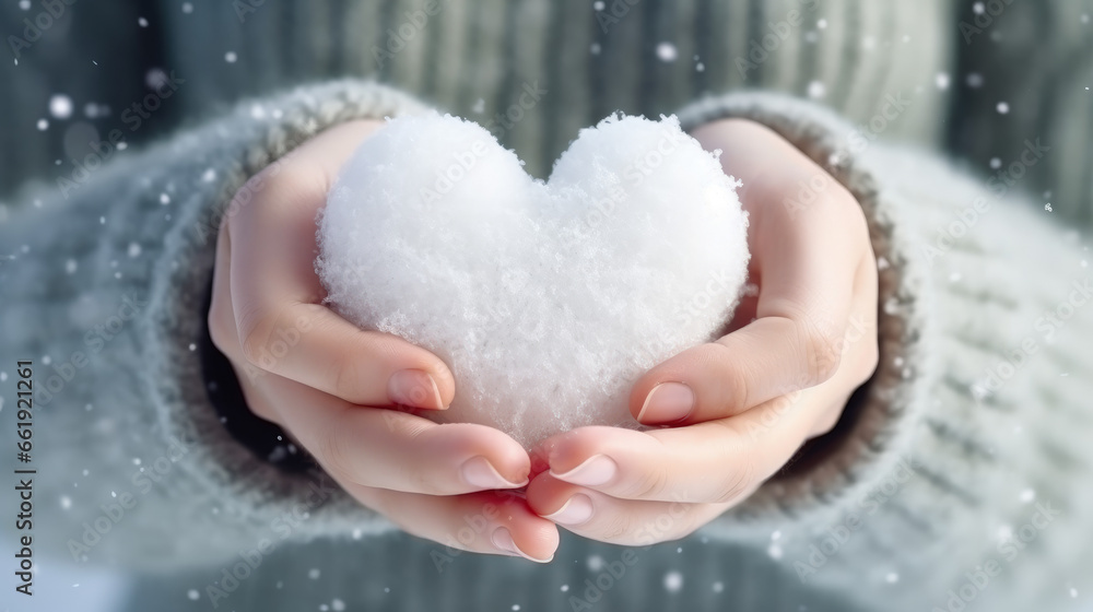 Delicate hands hold a heart-shaped snow creation, portraying winter's tenderness and romantic vibes, perfect for Valentine's Day. Delicate hands hold a heart-shaped snow creation, portraying winter's tenderness and romantic vibes, perfect for Valentine's Day.