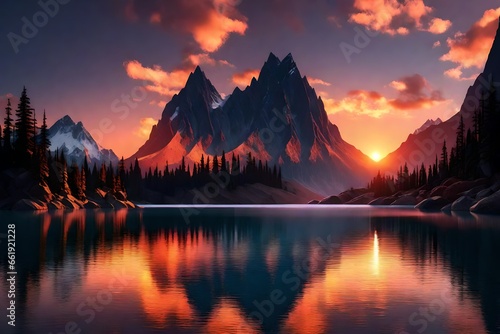 Mountain lake at sunset. Capture the silhouette of rugged mountain peaks against a colorful sky, with the last rays of sunlight reflecting on the still waters of the lake.