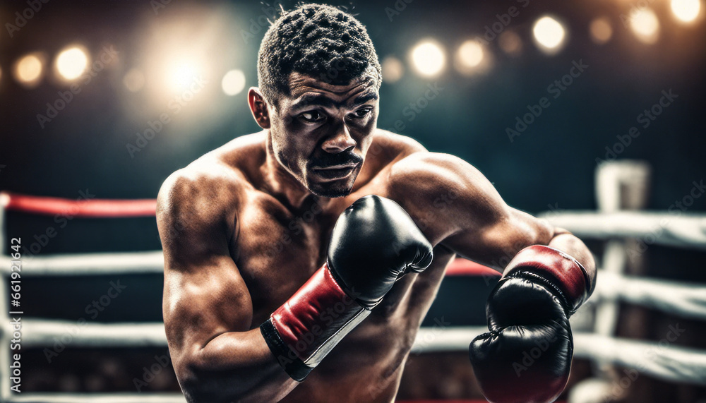  backphoto of a boxer in the ring, background with copy space