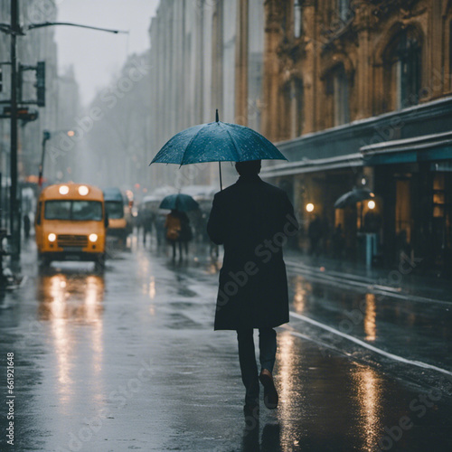 Man walking with an umbrella in the rain on city streets