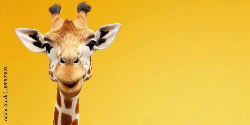 A happy giraffe offers copy space on the side against a clean, single-color background.Generative AI