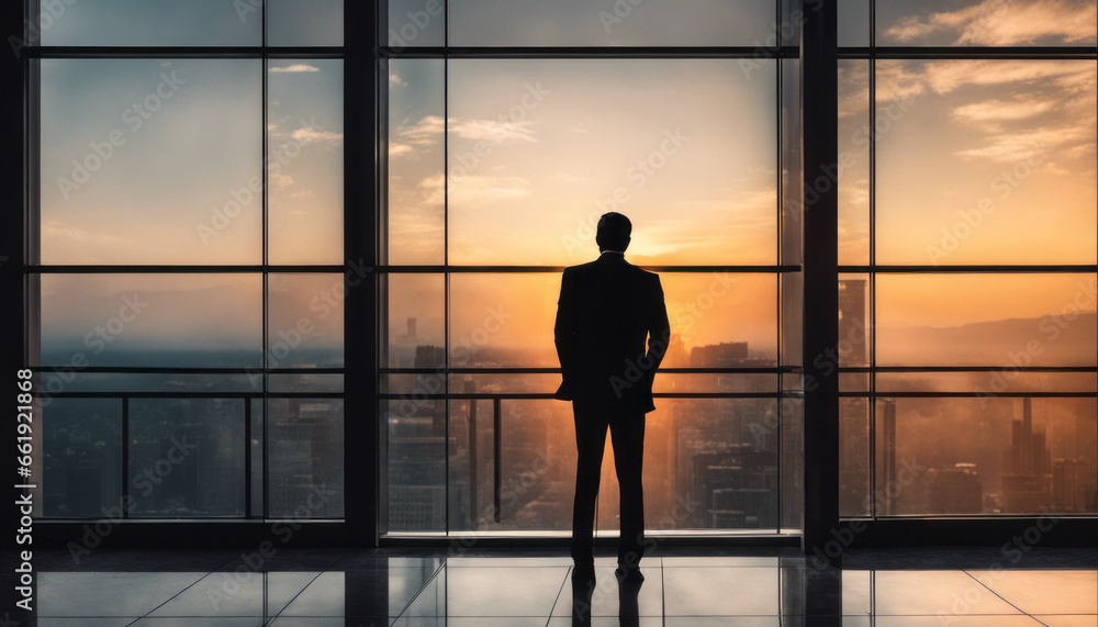  A powerful executive silhouette standing in front of a giant window in a sunset, modern building, leaving room for professional success message