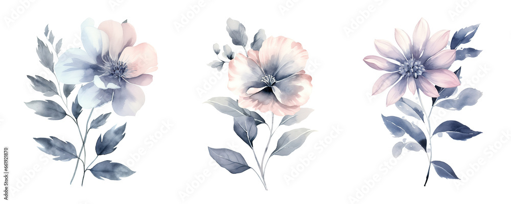 Fototapeta premium watercolor flowers, a set of illustrations in handmade watercolor style on a white background, generative ai