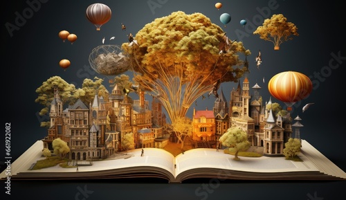 Fantasy world inside of a magic book. Concept of education, imagination and creativity from reading books.