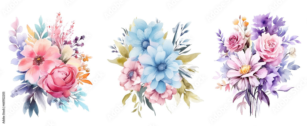 watercolor flowers, a set of illustrations in handmade watercolor style on a white background, generative ai