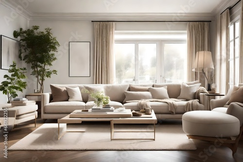 A serene living room with neutral tones, a plush sofa, and large windows letting in soft natural light.