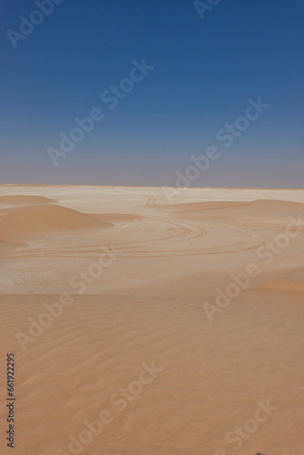 Panorama of a limestone expanse in the Rub Al Khali desert with tyre tracks. Oman.