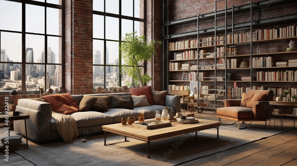 Living room loft in industrial style ,3d render Living room loft in industrial style ,3d render