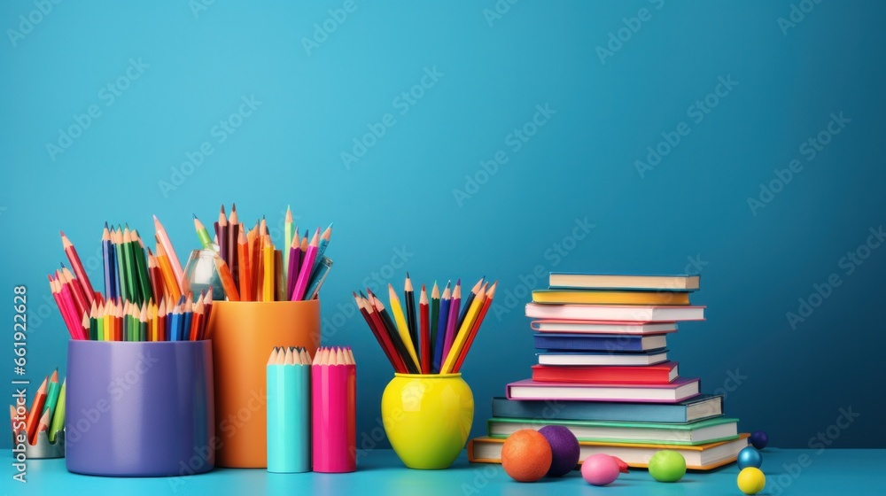 Vibrant back to school background with colorful pencils, books, and stationery arranged in a creative composition, school, education, creativity, stationery Vibrant back to school background with colorful pencils, books, and stationery arranged in a creative composition, school, education, creativity, stationery