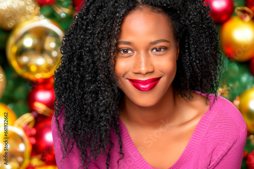Christmas portrait of a beautiful black woman with a lovely smile wearing a lilac-coloured jumper against a background of Christmas decorations