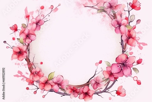 Circular frame adorned with pink watercolor flowers. Lovely illustration for Mother's Day, with space for personalized message. Generative AI