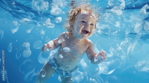 Baby swimming in the pool underwater background.