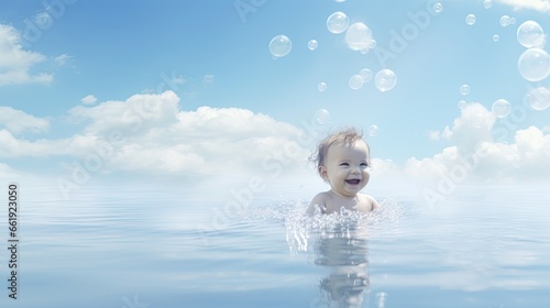 Baby swimming in the pool underwater background.