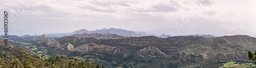 Beautiful panoramic view of the Asturian mountains, peaks of Europe, with a very beautiful sky