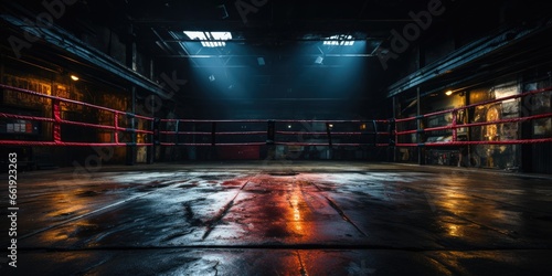 Professional boxing ring.boxing ring with illumination by spotlights background.