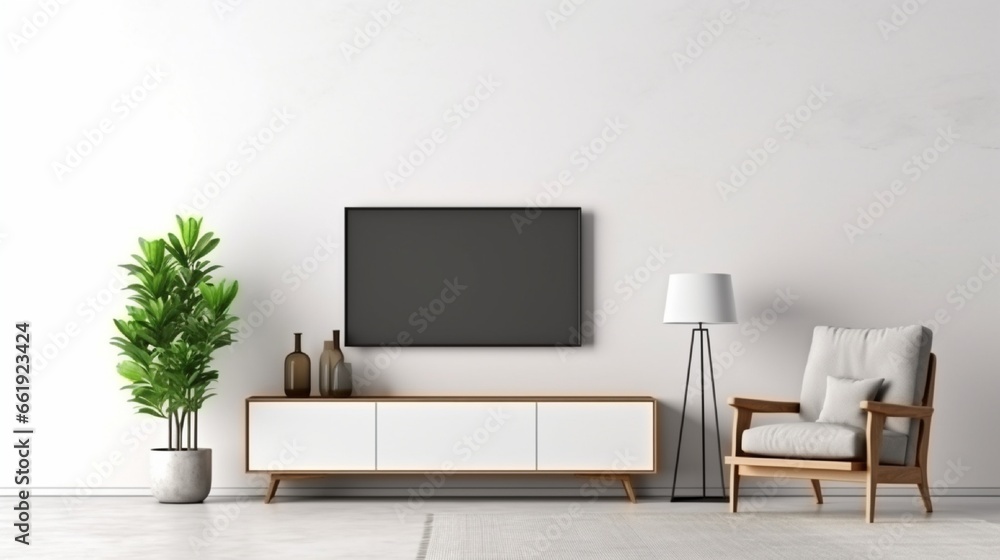 Mockup a cabinet TV wall mounted with armchair in living room with a white cement wall.3d rendering