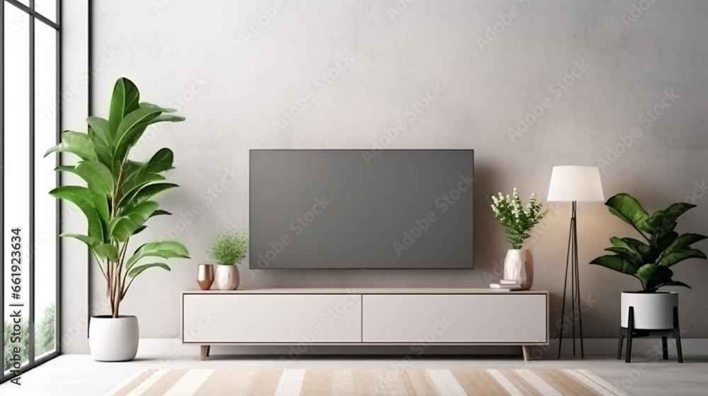 Mockup a TV wall mounted with decoration in living room and white wall.3d rendering Mockup a TV wall mounted with decoration in living room and white wall.3d rendering