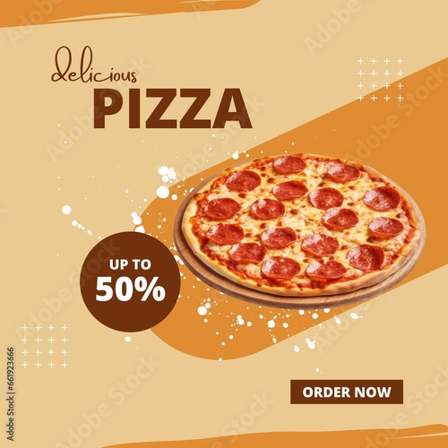 Pepperoni pizza ads with delicious ingredients on chalkboard background in 3d illustration