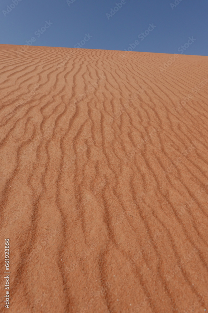 In the foreground, undulating striations of the Rub al Khali desert sand. Oman. In the foreground, undulating striations of the Rub al Khali desert sand. Oman.