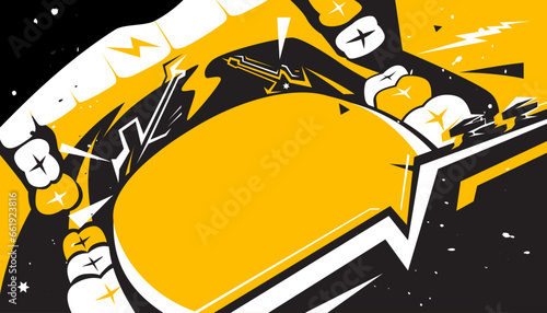 Party music decorated with rock and roll screaming mouth signs on a background design template for a music festival banner or concert poster.