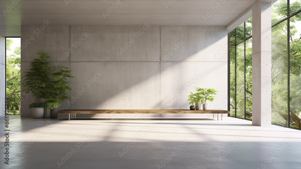 Modern contemporary empty hall with nature view 3d render overlooking the living room behind the room has concrete floors, plank ceilings and blank white walls for copy space, sunlight enter the room. Modern contemporary empty hall with nature view 3d render overlooking the living room behind the room has concrete floors, plank ceilings and blank white walls for copy space, sunlight enter the room.