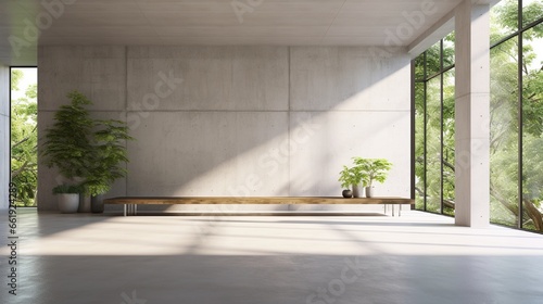 Modern contemporary empty hall with nature view 3d render overlooking the living room behind the room has concrete floors, plank ceilings and blank white walls for copy space, sunlight enter the room. photo