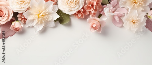 A top-view flat lay elegantly presenting a floral composition, poised against a light, airy background, providing a delicate and refined space with ample empty area for additional elements or text.