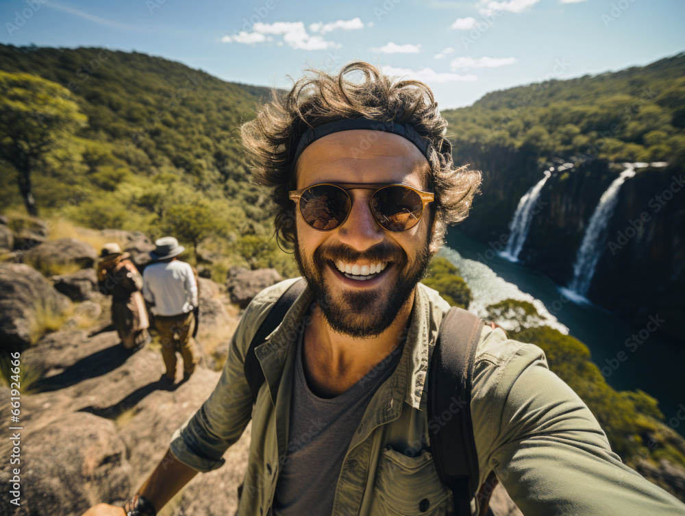 A young guy travels the world. Selfie at a waterfall. 